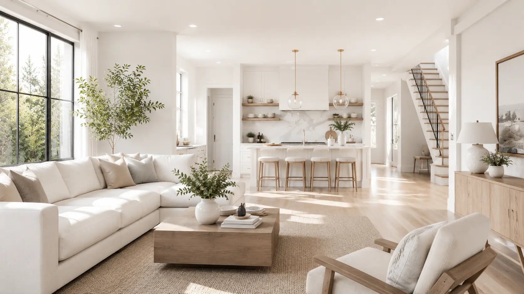 An open-plan living room and kitchen with clear counters and vacuumed rugs